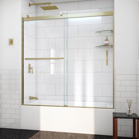 DreamLine Sapphire-V 62" High x 60" Wide Bypass Semi Frameless Tub Door with Clear Glass Brushed Gold