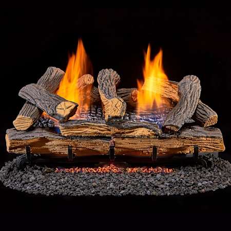 Duluth Forge 24 Inch 33,000 BTU Vent Free Dual Fuel Log Set Fireplace with Remote Control Berkshire Split Oak