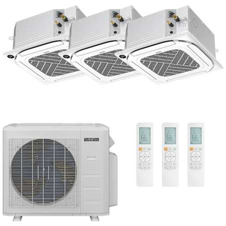 Durastar 28K BTU Cooling / 27K BTU Heating 23 SEER2 Three Zone Four-Way Ceiling Cassette Mini Split System with (2) 9K and (1) 18K BTU Indoor Units N/A