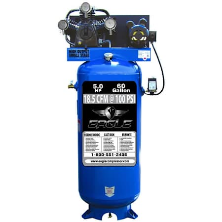 Eagle 5 HP 60 Gal 150 Max PSI 18.5 CFM Single-Stage Stationary Electric (208, 230 Volt 1 Phase) Reciprocating Air Compressor N/A