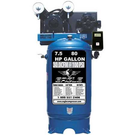 Eagle 7.5 HP 80 Gal 150 Max PSI Single-Stage Stationary Electric (208, 230 Volt 1 Phase) Reciprocating Air Compressor N/A