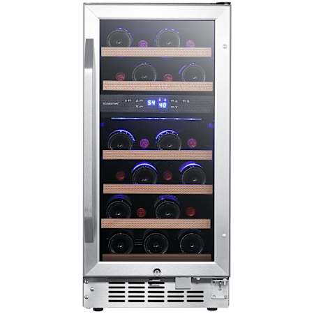 EdgeStar 15 Inch Wide 23 Bottle Built-In Dual Zone Wine Cooler with Reversible Door and LED Lighting Stainless Steel