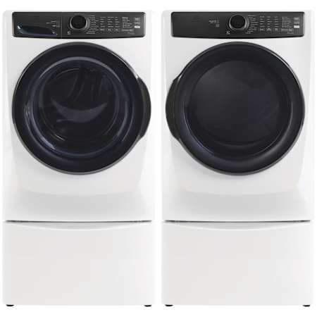 Electrolux 27 Inch Wide 4.5 Cu. Ft. Front Load Washer and 27 Inch Wide 8 Cu. Ft. Gas Dryer Laundry Pair with Pedestal and Perfect Steam Option White