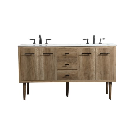 Elegant Lighting Cyrus 60" Free Standing, Wall Mounted Double Basin Vanity Set with Cabinet and Engineered Marble Vanity Top Natural Oak