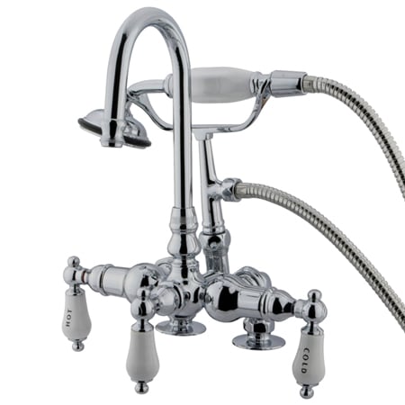Elements Of Design Triple Handle Deck Mounted Clawfoot Tub Filler with 3-3/8" Center, Personal Hand Shower and Hot / Cold Porcelain Lever Handles from the Hot Springs Collection Chrome