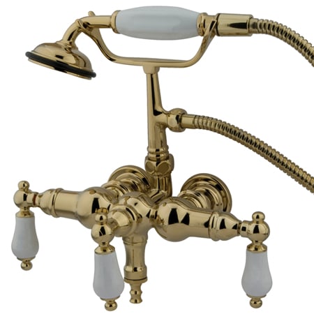Elements Of Design Triple Handle Wall Mounted Clawfoot Tub Filler with 3-3/8" Center, Personal Hand Shower and Porcelain Lever Handles from the Hot Springs Collection Polished Brass (PVD)