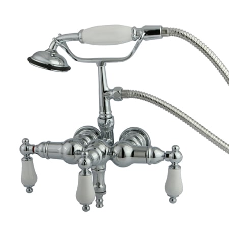 Elements Of Design Triple Handle Wall Mounted Clawfoot Tub Filler with 3-3/8" Center, Personal Hand Shower and Porcelain Lever Handles from the Hot Springs Collection Chrome