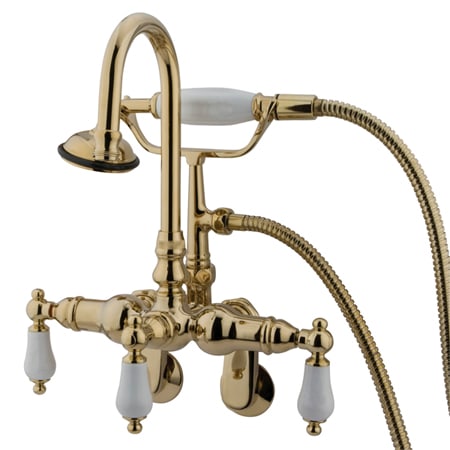 Elements Of Design Triple Handle Wall Mounted Clawfoot Tub Filler with 3-3/8" to 9" Adjustable Center, Personal Hand Shower and Hot / Cold Porcelain Lever Handles from the Hot Springs Collection Polished Brass (PVD)