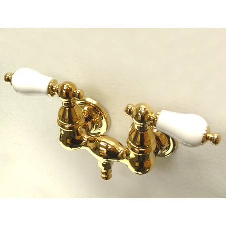 Elements Of Design Double Handle Wall Mounted Clawfoot Tub Filler with 3-3/8" Center, 1-1/2" Spout Reach, Porcelain Lever Handles from the Hot Springs Collection Polished Brass (PVD)