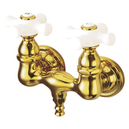 Elements Of Design Double Handle Wall Mounted Clawfoot Tub Filler with 3-3/8" Center, 1-1/2" Spout Reach, Porcelain Cross Handles from the Hot Springs Collection Polished Brass (PVD)
