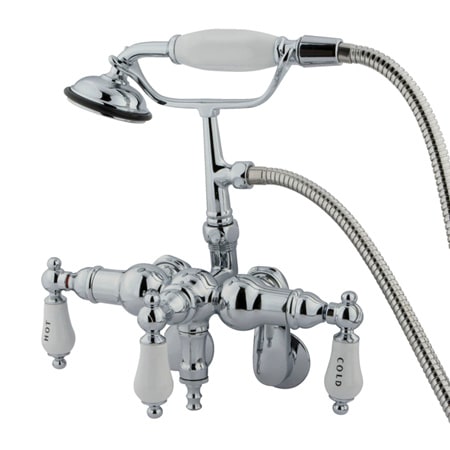 Elements Of Design Triple Handle Wall Mounted Clawfoot Tub Filler with 3-3/8" to 9" Center, Personal Hand Shower and Hot / Cold Porcelain Lever Handles from the Hot Springs Collection Chrome