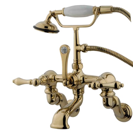 Elements Of Design Triple Handle Wall Mounted Clawfoot Tub Filler with 3-3/8" to 10" Adjustable Center, Personal Hand Shower and Metal Lever Handles from the Hot Springs Collection Polished Brass (PVD)