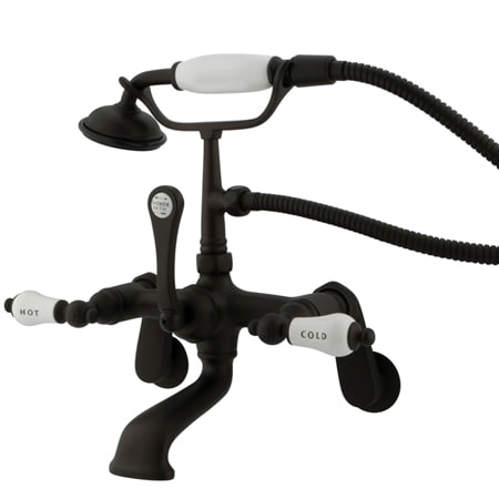 Elements Of Design Triple Handle Wall Mounted Clawfoot Tub Filler with 3-3/8" to 11" Adjustable Center, Personal Hand Shower and Hot / Cold Porcelain Lever Handles from the Hot Springs Collection Oil Rubbed Bronze