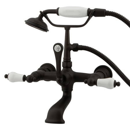 Elements Of Design Triple Handle Wall Mounted Clawfoot Tub Filler with 7" Center, Personal Hand Shower and Porcelain Lever Handles from the Hot Springs Collection Oil Rubbed Bronze