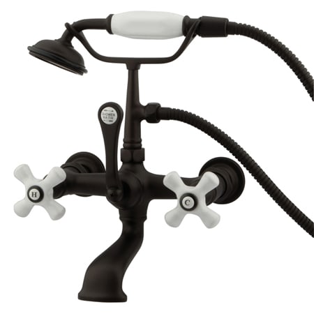 Elements Of Design Triple Handle Wall Mounted Clawfoot Tub Filler with 7" Center, Personal Hand Shower and Porcelain Cross Handles from the Hot Springs Collection Oil Rubbed Bronze