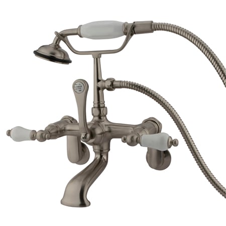 Elements Of Design Triple Handle Wall Mounted Clawfoot Tub Filler with 3-3/8" to 11" Adjustable Center, Personal Hand Shower and Porcelain Lever Handles from the Hot Springs Collection Satin Nickel