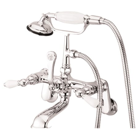 Elements Of Design Triple Handle Wall Mounted Clawfoot Tub Filler with 3-3/8" to 11" Adjustable Center, Personal Hand Shower and Porcelain Lever Handles from the Hot Springs Collection Chrome