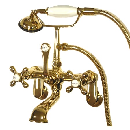 Elements Of Design Triple Handle Wall Mounted Clawfoot Tub Filler with Adjustable Center, Personal Hand Shower and Metal Cross Handles from the Hot Springs Collection Polished Brass (PVD)