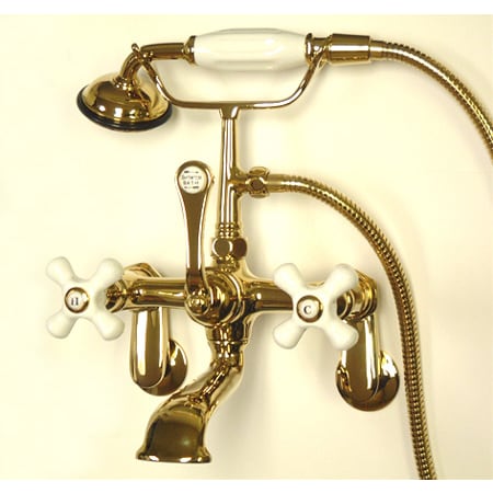 Elements Of Design Triple Handle Wall Mounted Clawfoot Tub Filler with Adjustable Center, Personal Hand Shower and Porcelain Cross Handles from the Hot Springs Collection Polished Brass (PVD)
