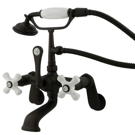 Elements Of Design Triple Handle Wall Mounted Clawfoot Tub Filler with Adjustable Center, Personal Hand Shower and Porcelain Cross Handles from the Hot Springs Collection Oil Rubbed Bronze