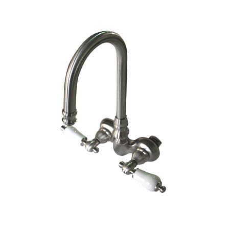 Elements Of Design Double Handle Wall Mounted Clawfoot Tub Filler with 3-3/8" Center, Hi-Rise Spout and Porcelain Lever Handles from the Hot Springs Collection Satin Nickel