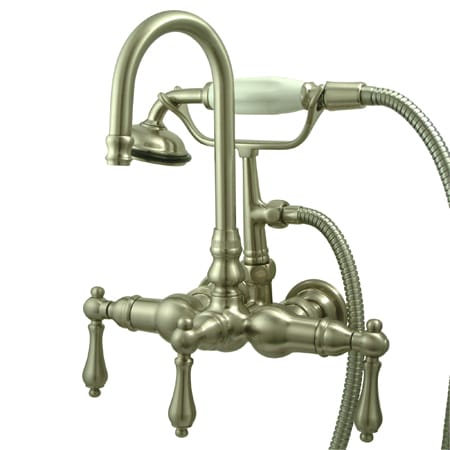 Elements Of Design Triple Handle Wall Mounted Clawfoot Tub Filler with 3-3/8" Center, Personal Hand Shower and Metal Lever Handles from the Hot Springs Collection Satin Nickel