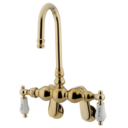 Elements Of Design Double Handle Wall Mounted Clawfoot Tub Filler with Adjustable Center, Hi-Rise Spout and Hot / Cold Porcelain Lever Handles from the Hot Springs Collection Polished Brass (PVD)