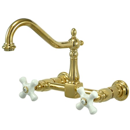 Elements Of Design New Orleans Double Handle 8" Center Wall Mounted Kitchen Faucet with Porcelain Cross Handles and 8-1/2" Spout Reach Polished Brass (PVD)