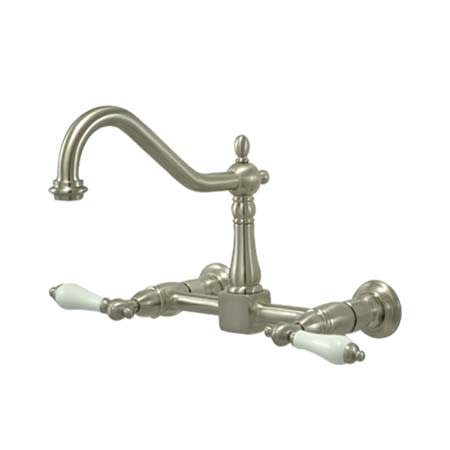 Elements Of Design New Orleans Double Handle 8" Center Wall Mounted Kitchen Faucet with Porcelain Lever Handles and 8-1/2" Spout Reach Satin Nickel