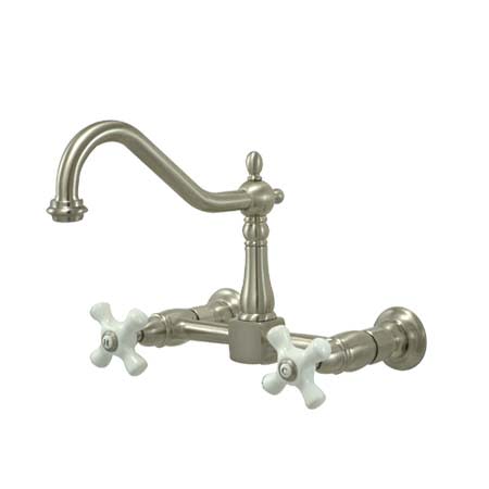 Elements Of Design New Orleans Double Handle 8" Center Wall Mounted Kitchen Faucet with Porcelain Cross Handles and 8-1/2" Spout Reach Satin Nickel