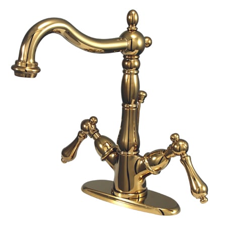 Elements Of Design Double Handle 4" Single Hole Bathroom Faucet with American Lever Handles and Brass Drain Assembly from the New Orleans Collection Polished Brass (PVD)