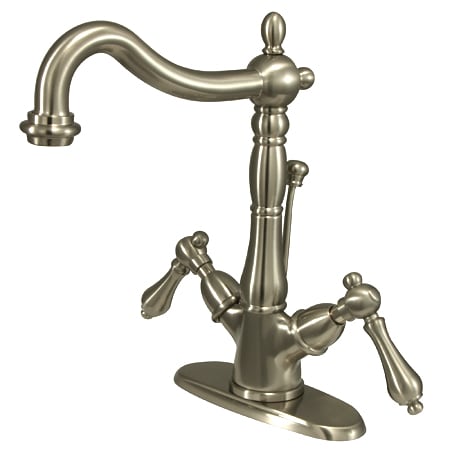 Elements Of Design Double Handle 4" Single Hole Bathroom Faucet with American Lever Handles and Brass Drain Assembly from the New Orleans Collection Satin Nickel