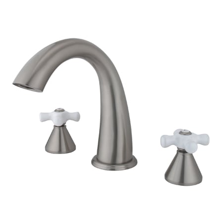 Elements Of Design Double Handle Widespread Deck Mounted Roman Tub Filler with Porcelain Cross Handles from the Los Angeles Collection Satin Nickel
