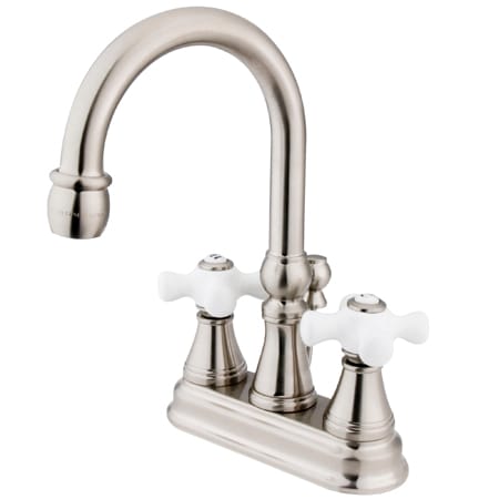 Elements Of Design Double Handle 4" Centerset Bathroom Faucet with Porcelain Cross Handles and Brass Drain Assembly from the Madison Collection Satin Nickel