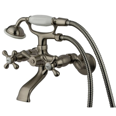 Elements Of Design Double Handle 3-1/2" to 8-1/2" Center Tub Wall Mounted Clawfoot Tub Filler with Metal Cross Handles and Personal Hand Shower from the Vintage Tub Collection Satin Nickel