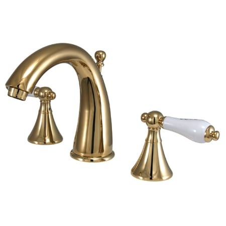 Elements Of Design Double Handle 8" to 16" Widespread Bathroom Faucet with Porcelain Lever Handles and Brass Drain Assembly from the Los Angeles Collection Polished Brass (PVD)