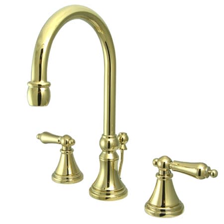 Elements Of Design Double Handle 8" to 16" Widespread Bathroom Faucet with American Lever Handles and Brass Drain Assembly from the Madison Collection Polished Brass (PVD)