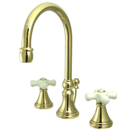Elements Of Design Double Handle 8" to 16" Widespread Bathroom Faucet with Porcelain Cross Handles and Brass Drain Assembly from the Madison Collection Polished Brass (PVD)