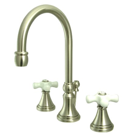 Elements Of Design Double Handle 8" to 16" Widespread Bathroom Faucet with Porcelain Cross Handles and Brass Drain Assembly from the Madison Collection Satin Nickel