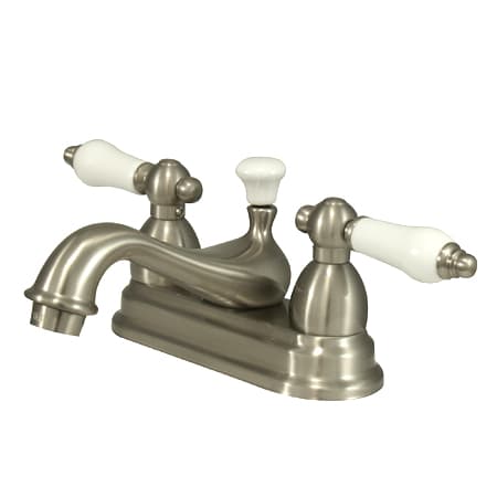 Elements Of Design Double Handle 4" Centerset Bathroom Faucet with Porcelain Lever Handles and Brass Drain Assembly from the Chicago Collection Satin Nickel