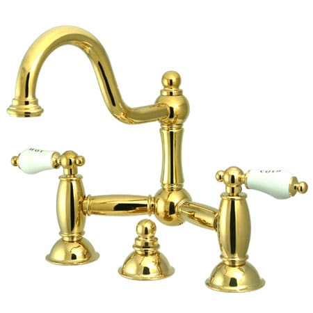 Elements Of Design Double Handle 8" Center Bridge Bathroom Faucet with Porcelain Lever Handles and Drain Assembly Rod from the Chicago Collection Polished Brass (PVD)
