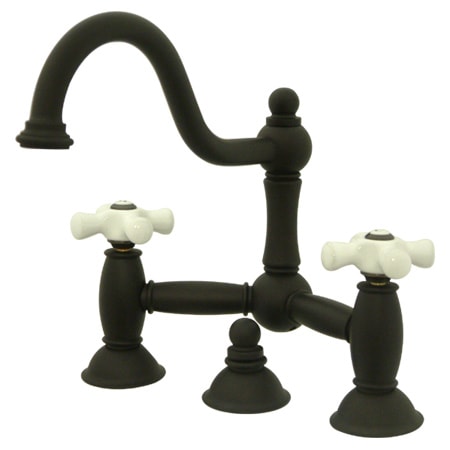 Elements Of Design Double Handle 8" Center Bridge Bathroom Faucet with Porcelain Cross Handles and Drain Assembly Rod from the Chicago Collection Oil Rubbed Bronze
