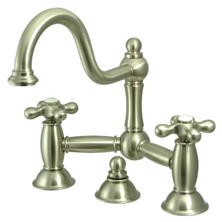 Elements Of Design Double Handle 8" Center Bridge Bathroom Faucet with American Cross Handles and Drain Assembly Rod from the Chicago Collection Satin Nickel