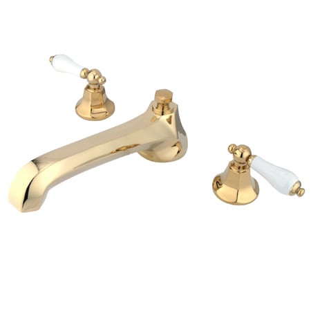 Elements Of Design Double Handle Widespread Deck Mounted Roman Tub Filler with Porcelain Lever Handles from the New York Collection Polished Brass (PVD)
