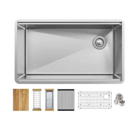 Elkay Crosstown 31-1/2" Undermount Single Basin Stainless Steel Kitchen Sink with Basin Rack, Basket Strainer, Colander, and Cutting Board Stainless Steel