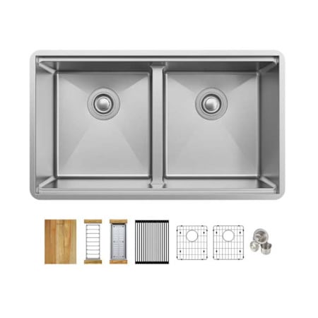 Elkay Crosstown 31-1/2" Undermount Double Basin Stainless Steel Kitchen Sink with Basin Rack, Basket Strainer, Colander, and Cutting Board Stainless Steel