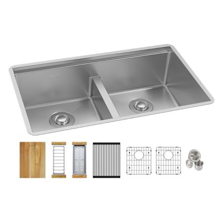 Elkay Crosstown 31-1/2" Undermount Double Basin Stainless Steel Workstation Kitchen Sink with Basin Rack, Basket Strainer, Colander, and Cutting Board Stainless Steel