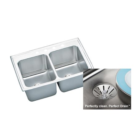 Elkay Lustertone 33" Double Basin 18-Gauge Stainless Steel Kitchen Sink for Drop In Installations with 50/50 Split - Perfect Drain Assemblies Included 5 Faucet Holes