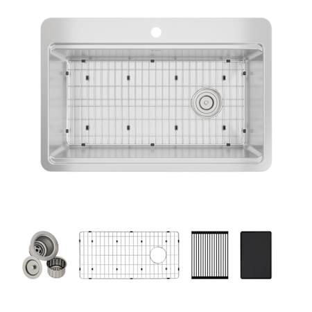 Elkay Crosstown 33" Dual-Mount Single Basin Stainless Steel Kitchen Sink with Basin Rack, Basket Strainer and Cutting Board Polished Satin