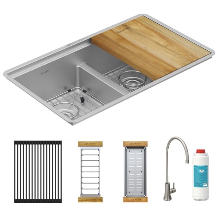 Elkay Crosstown 31-1/2" Undermount Double Basin Kitchen Sink with Single Hole 1.5 GPM Water Dispenser, Basket Strainer, Cutting Board, Colander, and Rack Stainless Steel